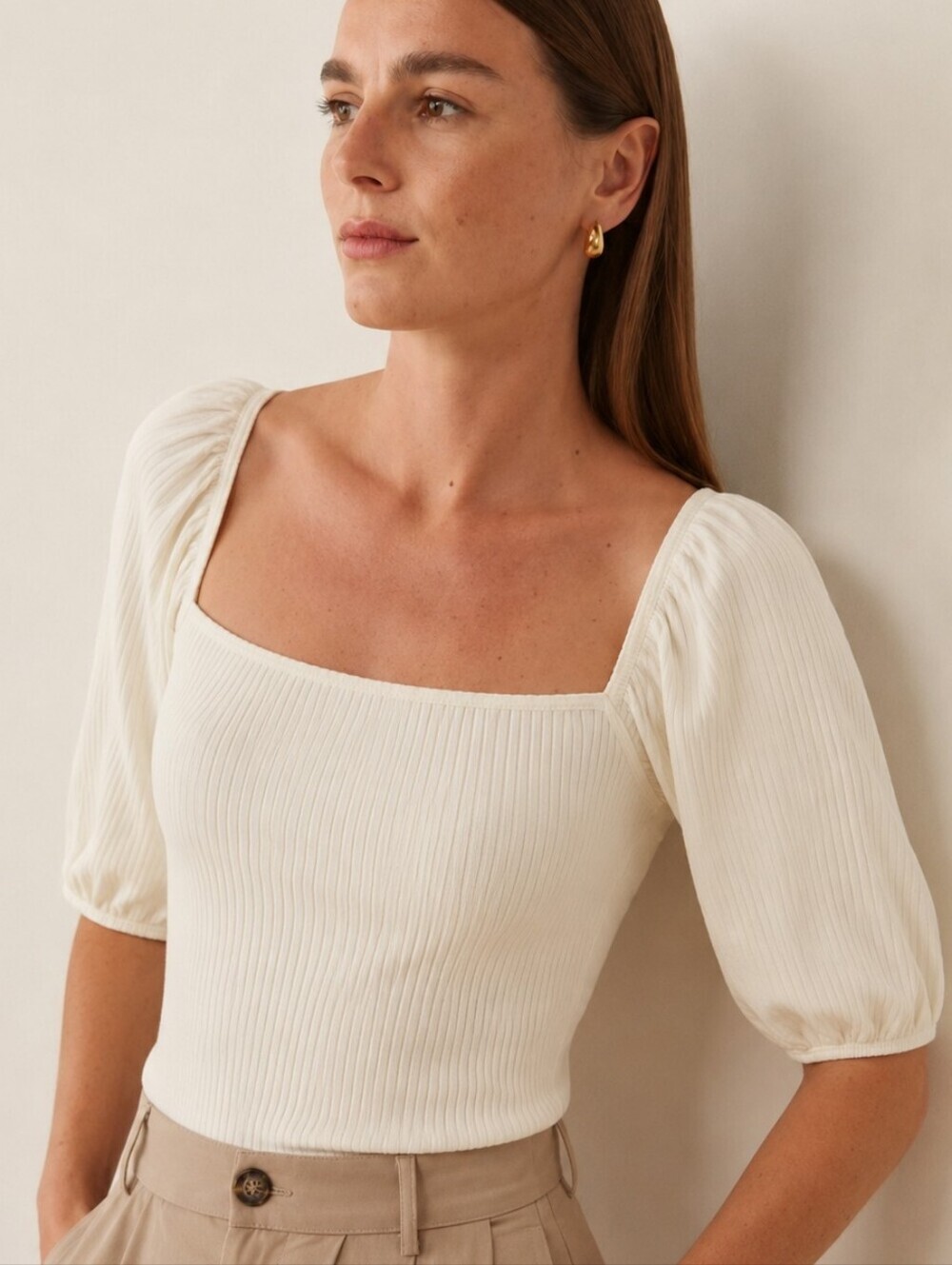 Reformation Ivory Rib Knit Puff Sleeve Top Size Small